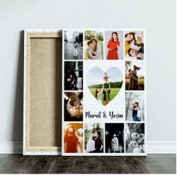 13 Fotograflı Kalp Kanvas Tablo Dikey