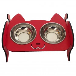 2'li Ahşap Çelik Taslı Kedi Köpek Yemek  Mamalık, Su Ve Mama Kabı Kırmızı
